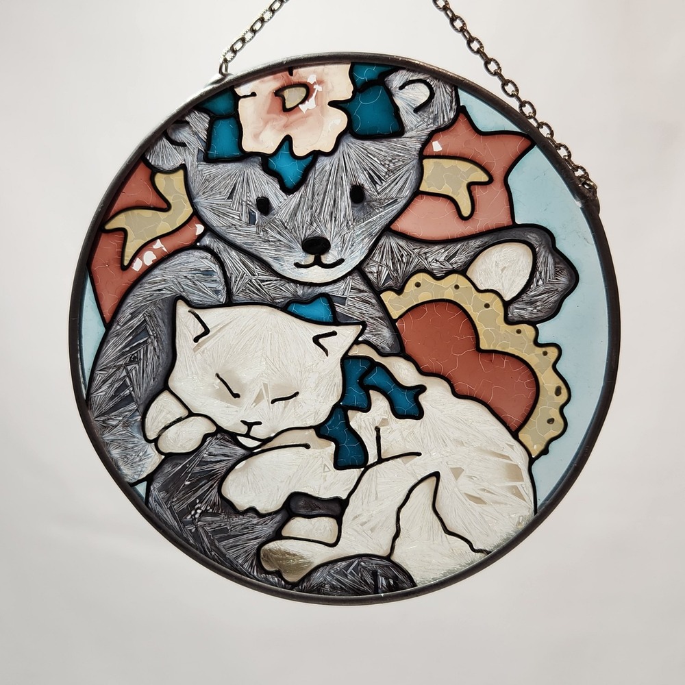 Joan Baker Vintage Sun Catcher Cats Hand Painted Frosted Glass 4.5" Round Kitten